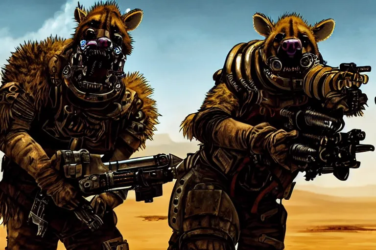 Image similar to a good ol'hyena fursona ( from the furry fandom ), heavily armed and armored facing down armageddon in a dark and gritty version from the makers of mad max : fury road. witness me.