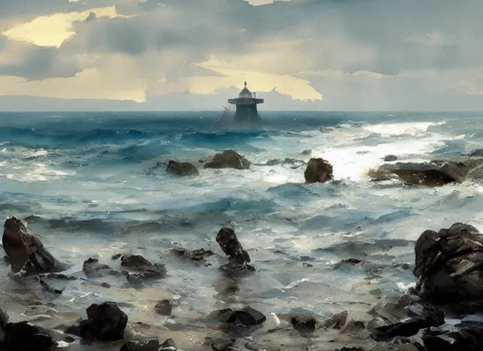 Image similar to abstract watercolor painting of wild wavy ocean, oak trees, rocky shore, sunshine, bold lighthouse in horizon, art by anders zorn, wonderful masterpiece by greg rutkowski, beautiful cinematic light, american romanticism by greg manchess, creation by tyler edlin