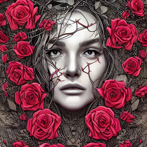 Image similar to the anatomy of a head of thorns with roses that resemble a beautiful woman, an ultrafine detailed illustration by james jean, intricate linework, bright colors, final fantasy, behance contest winner, vanitas, angular, altermodern, unreal engine 5 highly rendered, global illumination, radiant light, detailed and intricate environment