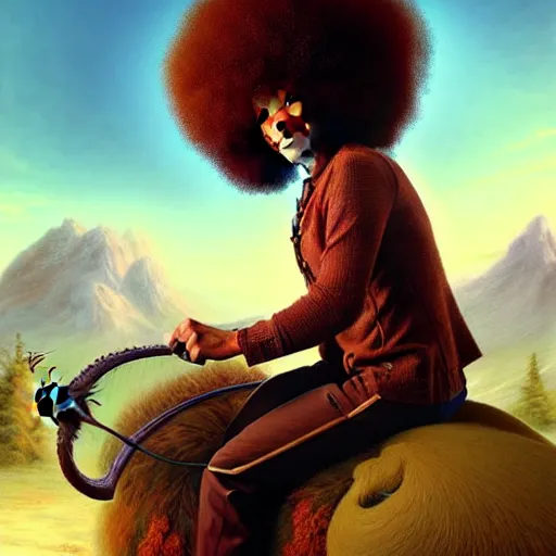 Prompt: bob ross!!! riding!!! a dragon!!, giant afro!, model pose, ultra realistic, concept art, intricate details, highly detailed, photorealistic, octane render, 8 k, unreal engine. art by artgerm and greg rutkowski and alphonse mucha