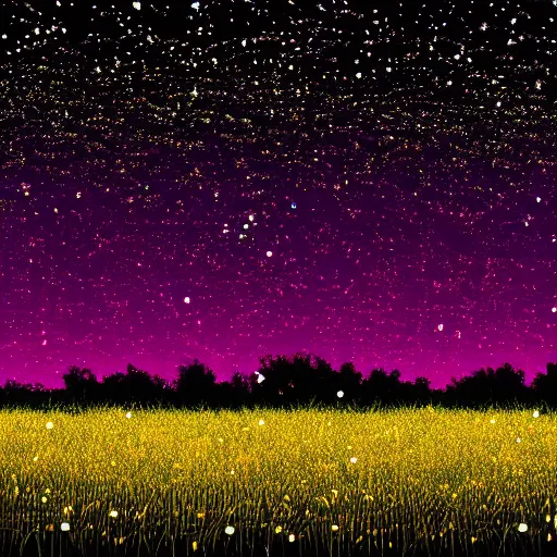Prompt: realistic field of lit up fireflies, swarm, floral, nighttime, wide shot