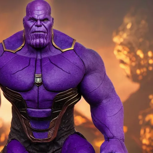 Prompt: thanos, purple skin, josh brolin, clerical clothes, full body shot, realistic, highly detailed