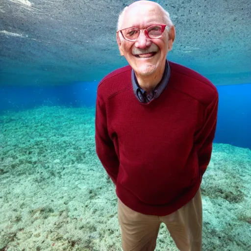 Image similar to a smiling old man standing on the sea floor