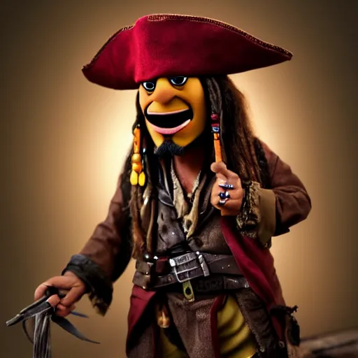 Prompt: A still of Jack Sparrow as a muppet, photo real, photographic, photograph, artstation, trending, award winning, epic lighting, featured