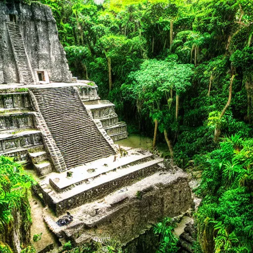 Prompt: Mayan temple inside an enormous vast cave with huge trees, cenote, vines, waterfall. highly detailed, photographic, realistic, awe-inspiring, menacing, ornate, establishing shot, dramatic, cinematic