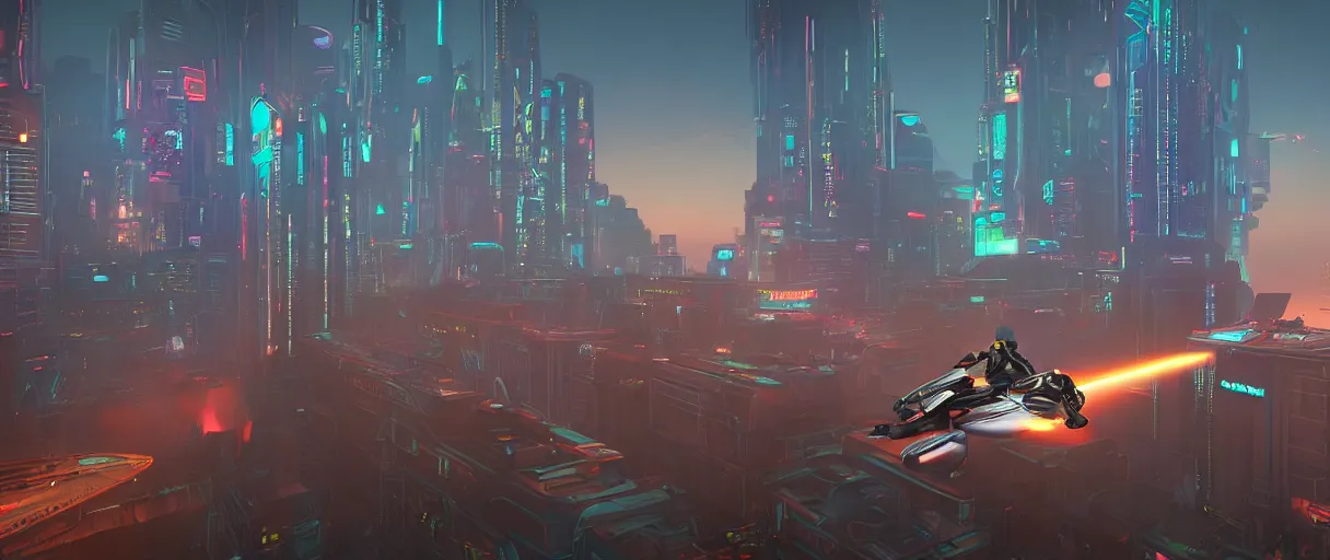 Prompt: an android on a flying motorcycle in a glowing neon cyberpunk retro futurism city at dawn by Ralph McQuarrie, unreal engine:.2, cinematic atmosphere:.3, establishing shot viewed from above:.6