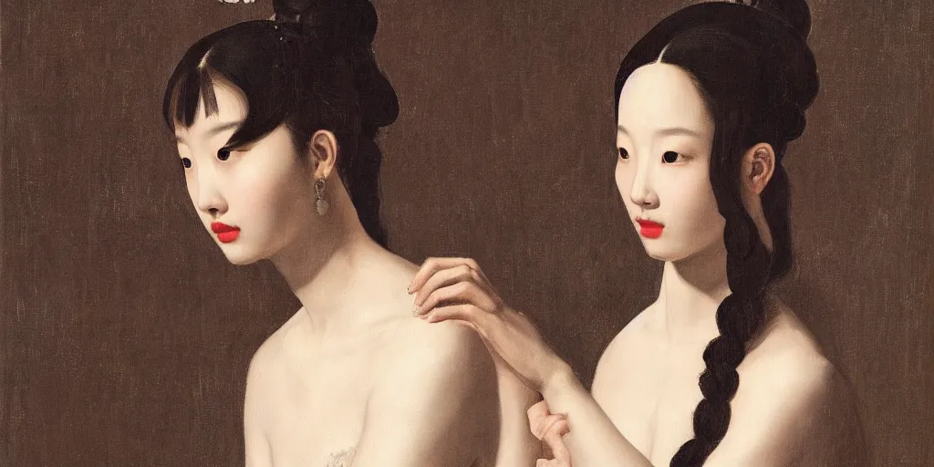 Image similar to a portrait of Kim Ji-soo as a very beautiful goddess with halo behind her head, seductively looking in front, beautiful aesthetic face, in the style of Caravaggio and Vermeer, realistic, dark, dramatic lighting