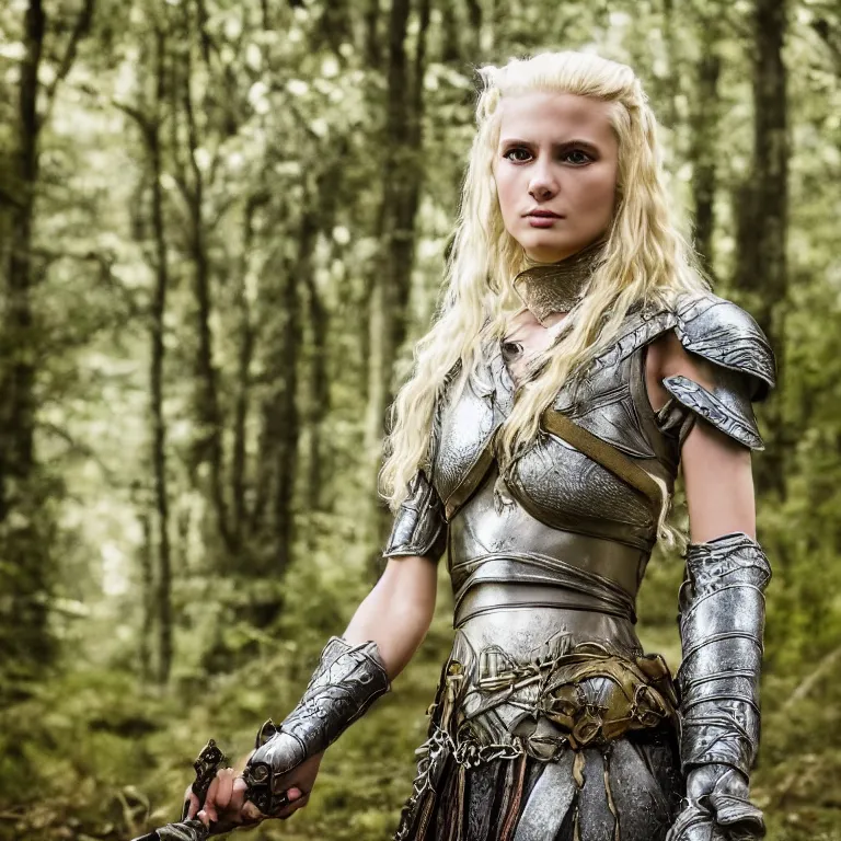 Prompt: 5 5 mm portrait photo of an armored gorgeous anesthetic blonde woman warrior, in a magical forest in the style of lord of the rings, highly detailed 8 k. intricate. lifelike. soft light. nikon d 8 5 0. cinematic post - processing