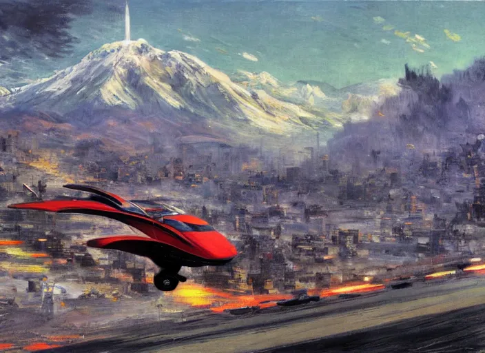 Prompt: illustration of a flying car crossing at full speed between buildings in santiago de chile with the andes mountain range in the background in a dystopian future by john berkey and monet