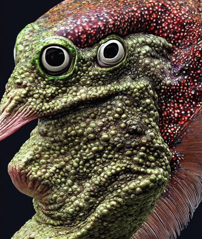Prompt: a high resolution realistic displacement portrait of a deep sea creature in a rainforest, muscles normal map creature made of doglike class aves skin veins merged frog, bump map strangled by plastic wrap bower bird creature wrinkles pheasant, ivy complex feathers exotic morphing hoopoe, zebra morphing wings king vulture head