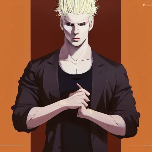 Image similar to portrait of the male model Lucius Bjornsson with beautiful long pale blond hair, albino white pale skin, posing for a photoshoot in the golden hour, white dress shirt and black miniskirt, broad shoulders and huge thick arms, ambient lighting, 4k, anime key visual, lois van baarle, ilya kuvshinov, rossdraws, artstation