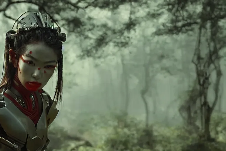 Prompt: vfx movie scene closeup nomad cyborg warrior geisha in a smoldering forest. by emmanuel lubezki