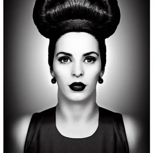 Prompt: symmetrical human portrait of marge simpson with beehive hairdo, grainy high contrast black and white photography photo print ilford warm tone