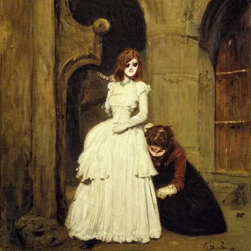 Prompt: young victorian woman lost in a dungeon fighting a monster, by alfred stevens