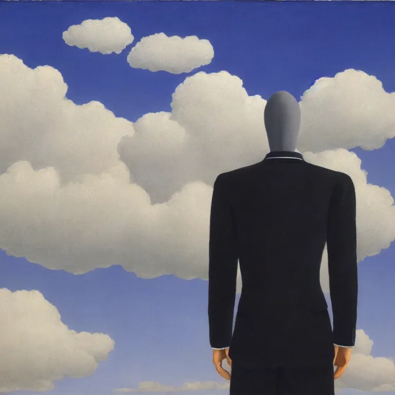 Image similar to portrait of a faceless shadow - head man in a suit, clouds in the background, by rene magritte, detailed painting, distance, centered, hd, hq, high resolution, high detail, 4 k, 8 k