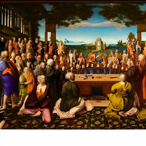 Image similar to a psychedelic conference of scientists / professors / researchers in a renaissance painting