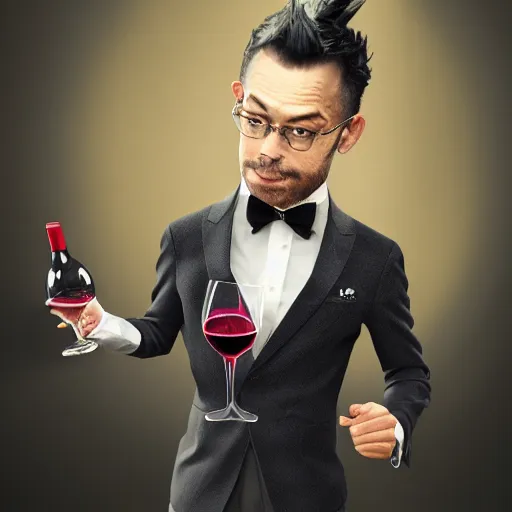 Image similar to a dragon man wearing tuxedo holding a wine bottle portrait, digital art, digital painting, masterpiece, elegant, hyper realistic, award winning, 8 k, behance, artstation, unreal engine 5, octane render, masterpiece, sharp focus, intricate, ornate