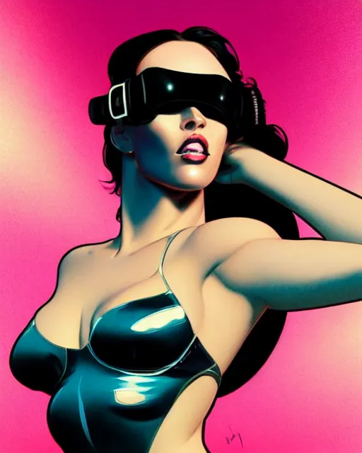Image similar to low angle closeup very seductive megan fox retro scifi goddess pinup, vr goggles, action glamour pose, windblown dark hair, hyper detailed, digital art, studio lighting, smooth, ambient lighting, sharp focus, frank miller, wlop, anna dittmann, moebius!, alphonse mucha, patrick nagle!!!, rim lighting, synthwave