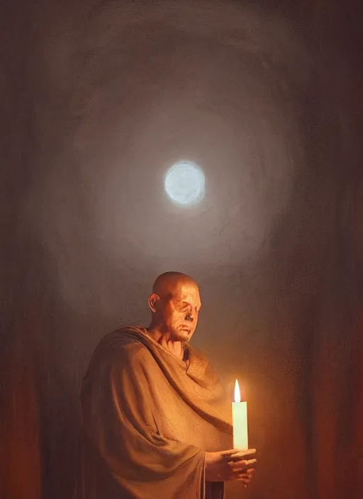 Image similar to oil painting portrait of a weeping sobbing tonsured dominican monk in a brown habit, kneeling in a moonlit empty chapel at night, hazy, digital art, artstation, cinematic, moonlight, digital art painting by greg rutkowski, hazy atmosphere, candles, cinematic blue lighting