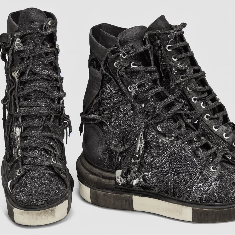 Image similar to hypermaximalist rick owens ramones high - top sneaker, highly detailed and intricate, product photo, 8 k, 5 0 mm, f 3. 4