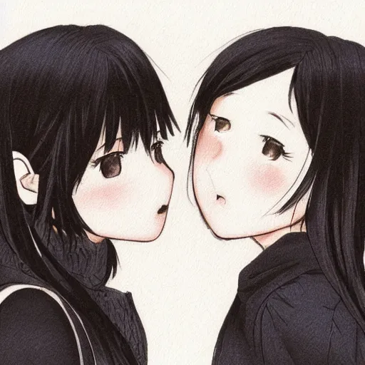 Image similar to portrait of two girls kissing, detailed manga art