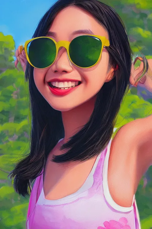 Prompt: a painting of cute Asian girl smiling, yellow sunglasses, in the style of Pixar animation, low angle view, 16mm lens, award winning, hyper detailed, dramatic lighting, artstation, octane renderer, unreal engine