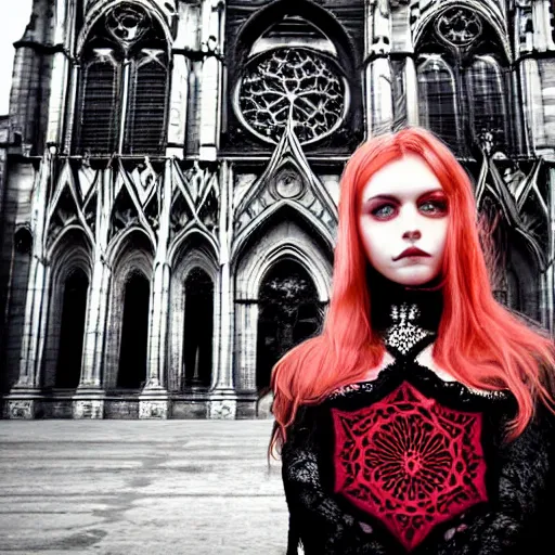 Image similar to gothic girl dressed in black, perfect face, macro head shot, behind her a gothic cathedral, perfect photo, no decaying lines, the windows of the cathedral are reflecting red flame lights, delicate mandala intricate ornaments