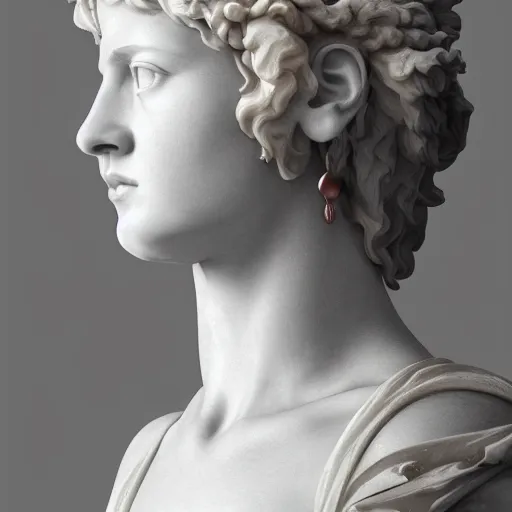 Image similar to side portrait of rihanna in the form of a greek sculpture in marble, baroque elements, museum. close - up view. intricate artwork by miguel angel. octane render. cinematic. 4 k. bokeh.