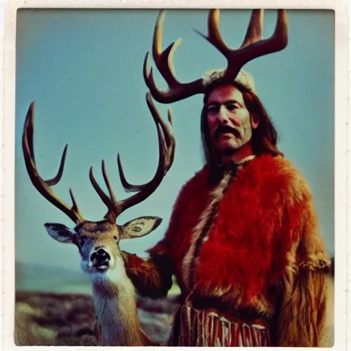 Prompt: over exposed color polaroid photograph of a neolithic european shaman wearing deer clothing