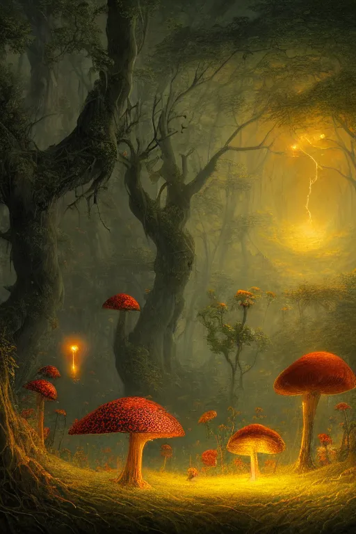 Image similar to a beautiful digital landscape painting of a detailed gothic fantasy fireflies and roots, dark mushroom, flowers by benoit b. mandelbrot, steven belledin, martin johnson heade, lee madgwick, caspar david friedrich, and david rios ferreira. 8 k resolution trending on artstation concept art digital illustration