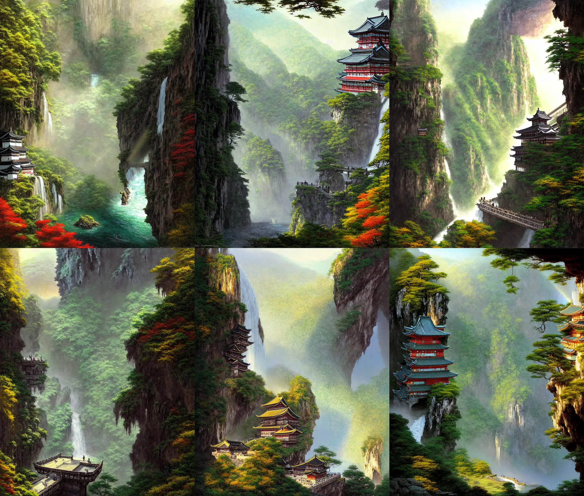Prompt: establishing wide shot inside han son doong with waterfalls on either side of the cliff walls, at the top of the cliff is a japanese castle, a cloister is built into the cliff walls, an old suspension bridge spans the walls, sunny morning light, sunbeam, saturated colors, detailed digital concept art by greg rutkowski and albert bierstadt and james gurney