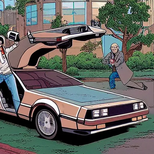 Prompt: marty mcfly is in front of a delorean time machine, style of Geof Darrow