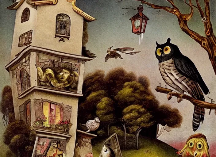 Image similar to a house with a tower, owl, birds, cheese, lowbrow in the style of mark ryden and francisco de goya,