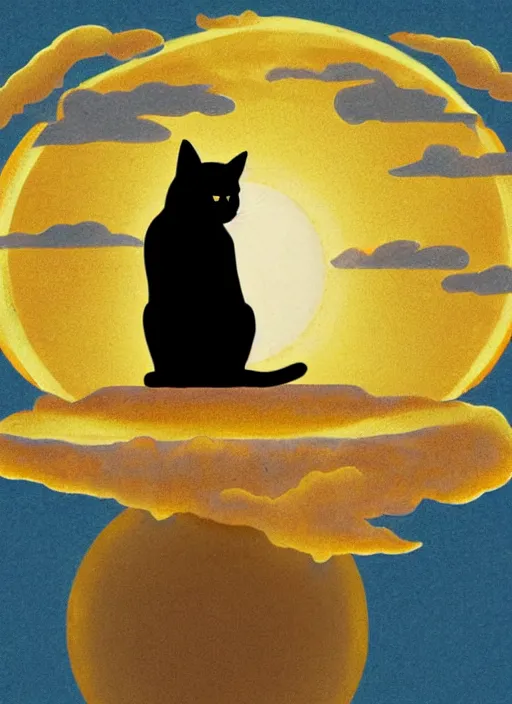 Image similar to a black cat standing on top of a yellow sun, a storybook illustration by sara saftleven, behance contest winner, nuclear art, sunrays shine upon it, god rays, digital illustration