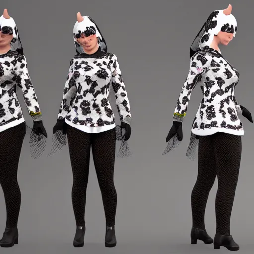 Prompt: A Marvelous Designer render of a cow costume with Holstein print fabric.