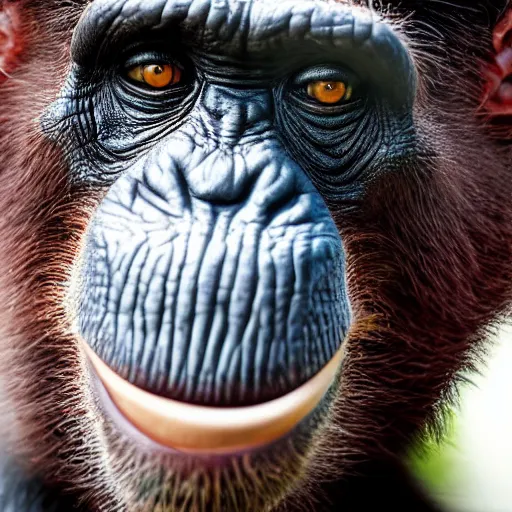 Image similar to a high detail closeup shot of a chimp wearing a suit and smoking a cigar