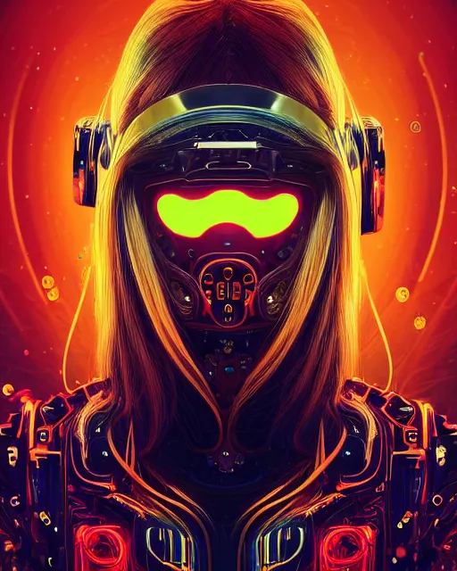 Image similar to portrait of a beautiful cyberpunk cyborg female wearing a ballistic face mask with brilliant gold flowing hair and bright red eyes, intricate abstract. intricate artwork. by Tooth Wu, wlop, beeple, dan mumford. octane render, trending on artstation, greg rutkowski very coherent symmetrical artwork. cinematic, hyper realism, high detail, octane render, 8k, iridescent accents