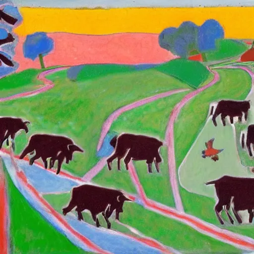 Image similar to a herd of buffalo crosses the road in south dakota, holding up traffic, painted by matisse