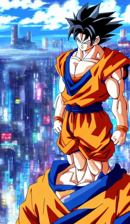 Prompt: anime fine details portrait of Goku in front of cyberpunk moder city landscape on the background deep bokeh, close-up view, anime masterpiece by Studio Ghibli. 8k, sharp high quality anime, artstation