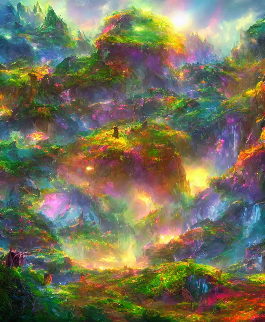 Prompt: concept art of a colorful fantasy landscape filled with magical elements