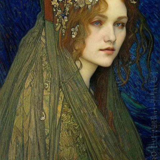 Image similar to detailed realistic beautiful young medieval queen face portrait by jean delville, alphonse mucha, vincent van gogh, and marco mazzoni, art nouveau, symbolist, visionary, gothic, pre - raphaelite