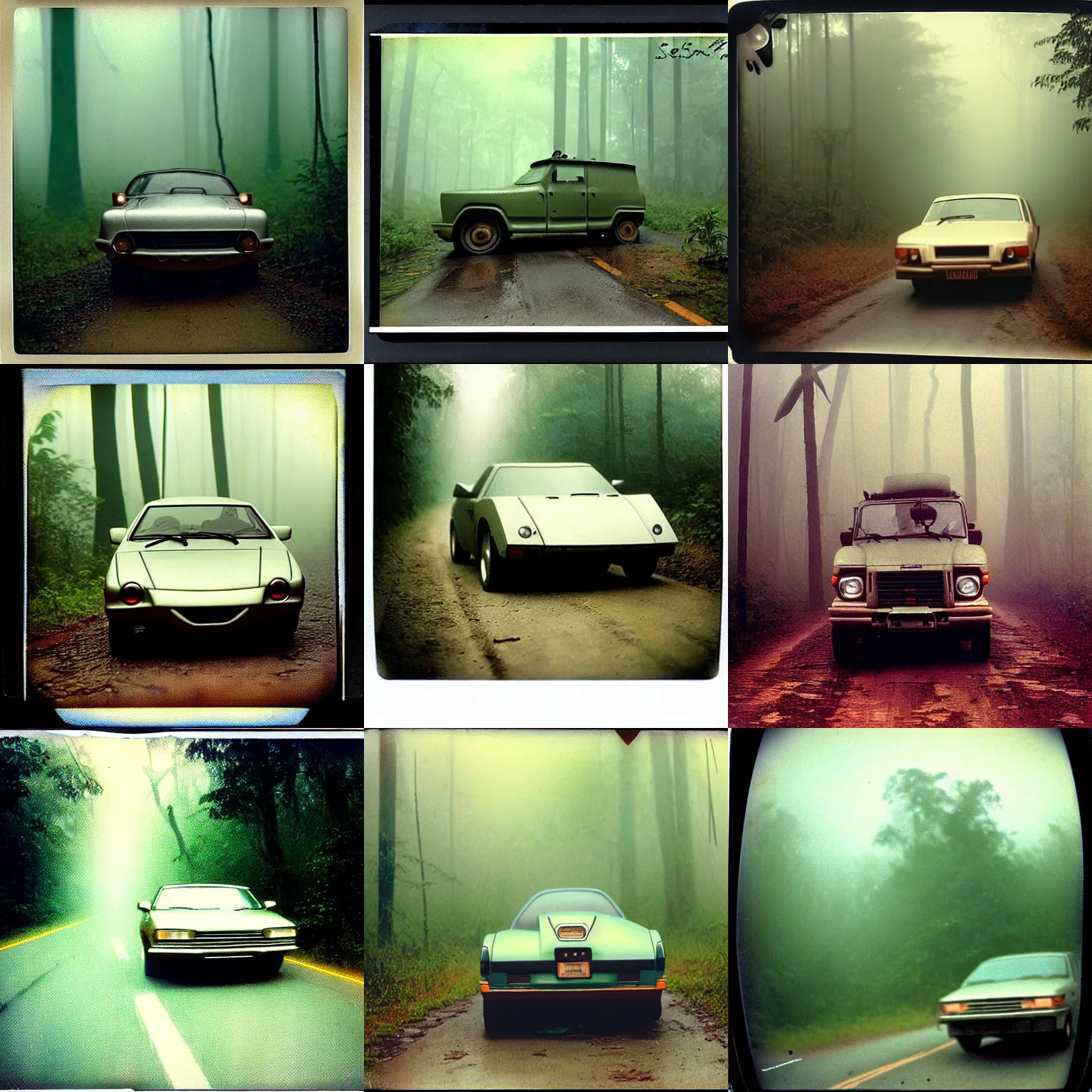 Prompt: trans - formers car robot!, fog, in deep jungle forest jungle, overcast! cinematic focus, old damagaed polaroid photo, vintage, neutral colors, faded!! very soft lights, big overcast, very foggy, full shot by steve hanks, by serov valentin, by lisa yuskavage, by andrei tarkovsky
