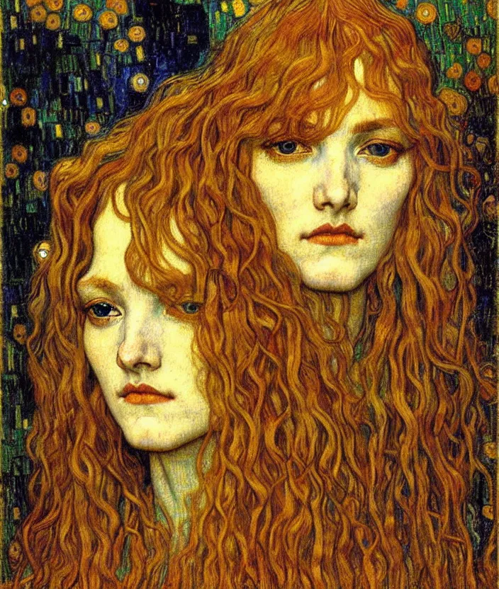 Image similar to detailed realistic beautiful young medieval queen face portrait by jean delville, gustav klimt and vincent van gogh, art nouveau, symbolist, visionary, gothic, pre - raphaelite, muted earthy colors, desaturated