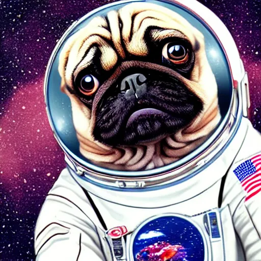 Image similar to hyper realistic, highly detailed, astronaut pug in space.