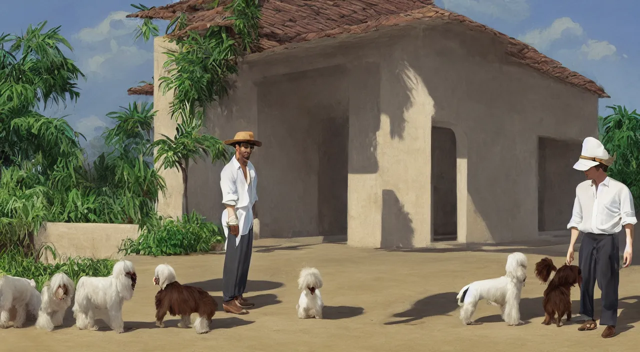 Image similar to a young man wearing a canotier cuban hat, crisp white linen shirt and slacks, leather boots, speaking to a large cream - colored havanese dog, outside a hacienda in cuba, 1 9 0 0, tartakovsky, atey ghailan, goro fujita, studio ghibli, rim light, mid morning lighting, clear focus, very coherent