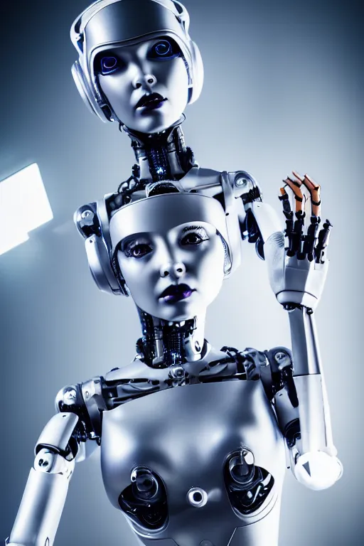 Image similar to cybernetic ultra high tech female robot with cat ears, sci - fi, cyberpunk, high tech, futurism, exoskeleton, symmetry, cinematic, elegant, luxury, perfect light, perfect composition, dlsr photography, sharp focus, 8 k, ultra hd, sense of awe, highly detailed, realistic, intricate, science journal cover