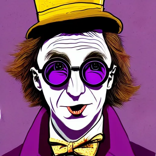 Prompt: graphic illustration, creative design, harry potter as willy wonka, biopunk, francis bacon, highly detailed, hunter s thompson, concept art