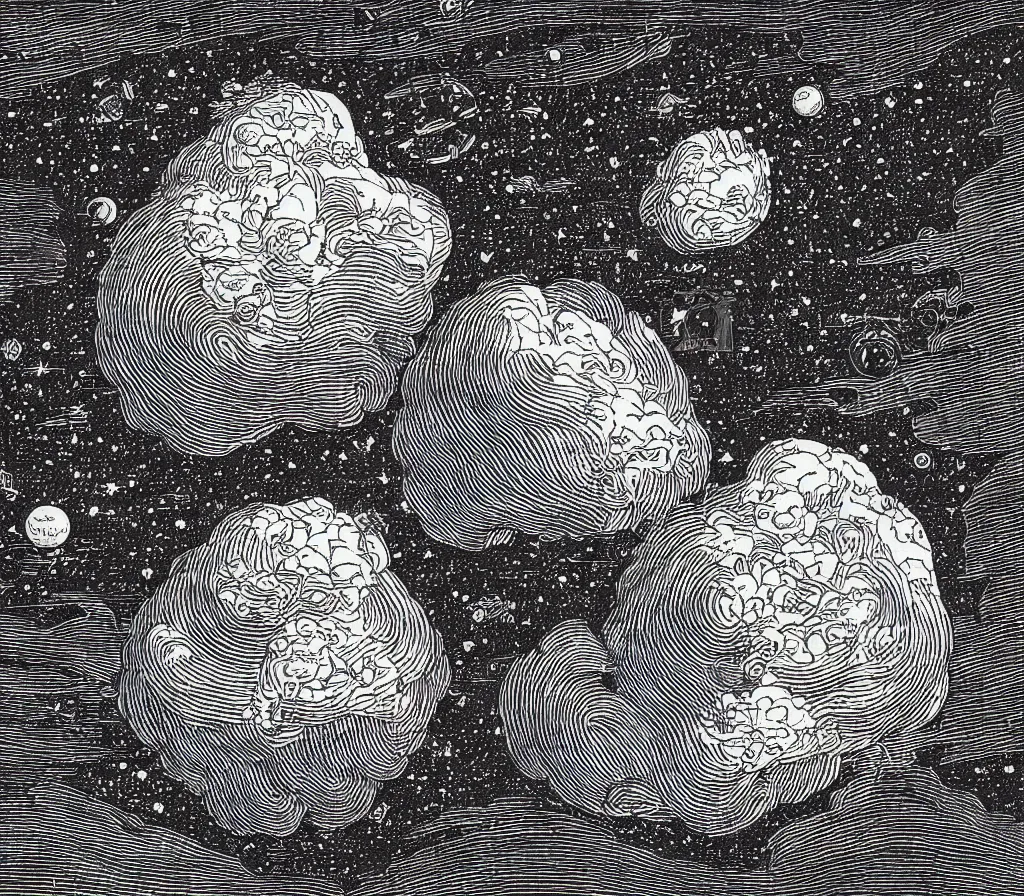 Prompt: Beautiful isometric print of an Asteroid shaped like a Sad Giant Crying made out of geometric lego bricks in the darkness of outer space in the style of Albrecht Durer and Martin Schongauer and Hokusai, high contrast!! finely carved woodcut engraving black and white crisp edges