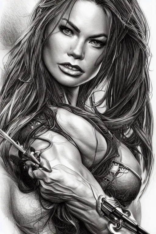 Prompt: a sketch of a muscled Sofía Vergara as a ruggedly handsome heroine, pencil drawing, pencil, drawing, intricate, elegant, highly detailed, centered, smooth, sharp focus, sketch by artgerm and donato giancola and Joseph Christian Leyendecker, Ross Tran, WLOP