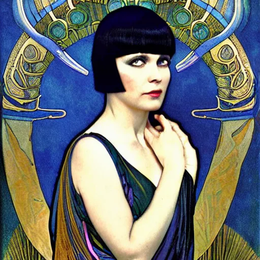 Image similar to louise brooks as cleopatra with coiled serpents beautiful detailed romantic art nouveau lithograph realistic portrait by alphonse mucha, yoshitaka amano, and gustav klimt, photorealism, hauntingly beautiful whirling clouds night sky spirals refined moody dreamscape, digital art